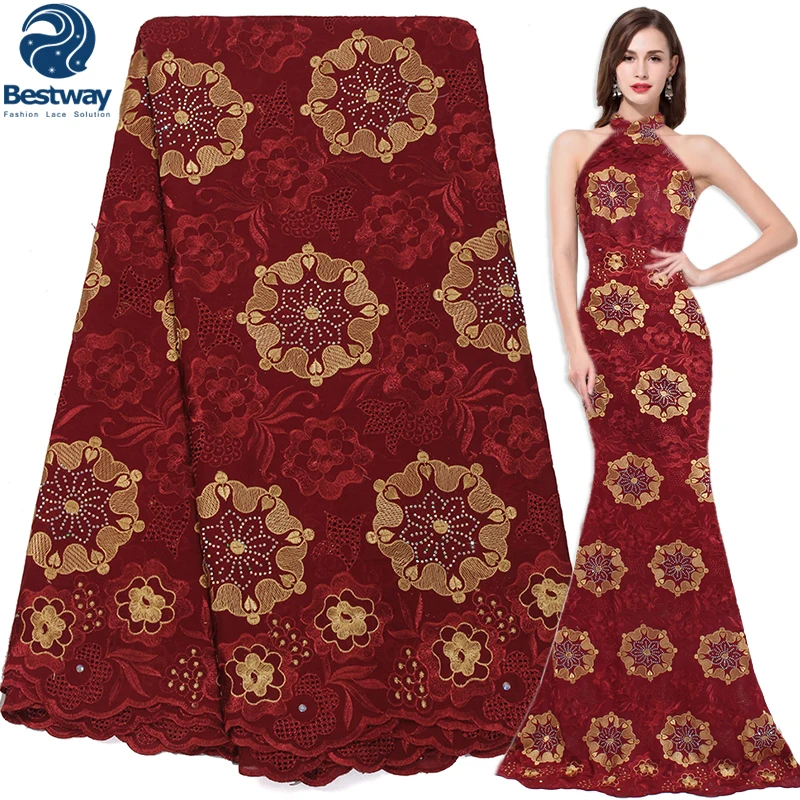 

Bestway Swiss Voile In Switzerland Embroidery Floral Rhinestones Lace Fabric Curry Color Fabric For Women's Dress Cotton Clothes
