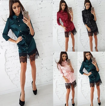 

2020 Autumn Women Sexy Lace Patchwork Straight Dress Ladies Long Sleeve Turn-Down Collar Dress Female Sashes Women Mini Dress