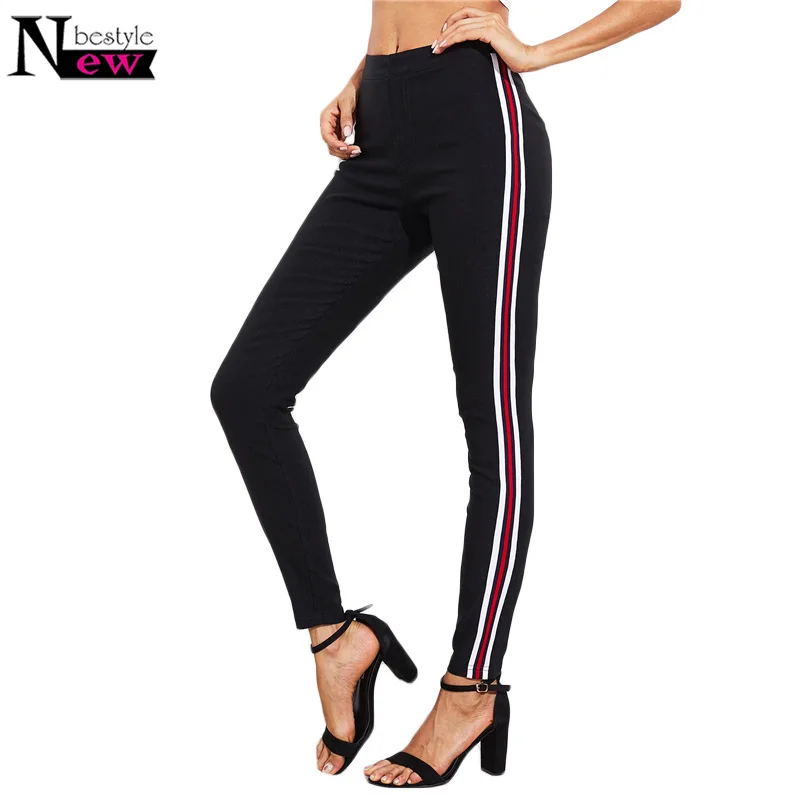 Newbestyle Ladies Side Striped Skinny Pants High Waist Workwear Woman Pants Casual Women Autumn Black Zipper Fly Skinny Trousers