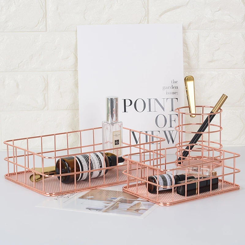 

INS Nordic Style Rose Gold Metal Storage Baskets Multipurpose Sundries Toy Storage Box Desktop Decor Stationery Makeup Organizer