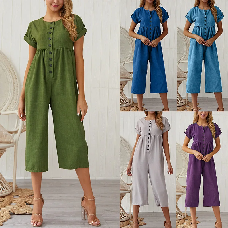 

2019 new summer cotton and linen solid color short-sleeved casual jumpsuit