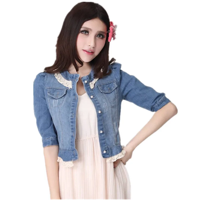 Women Vintage Denim Short Jacket summer Three Sleeve Lace Patchwork Jeans Shirt Jeans Tops Girls ...