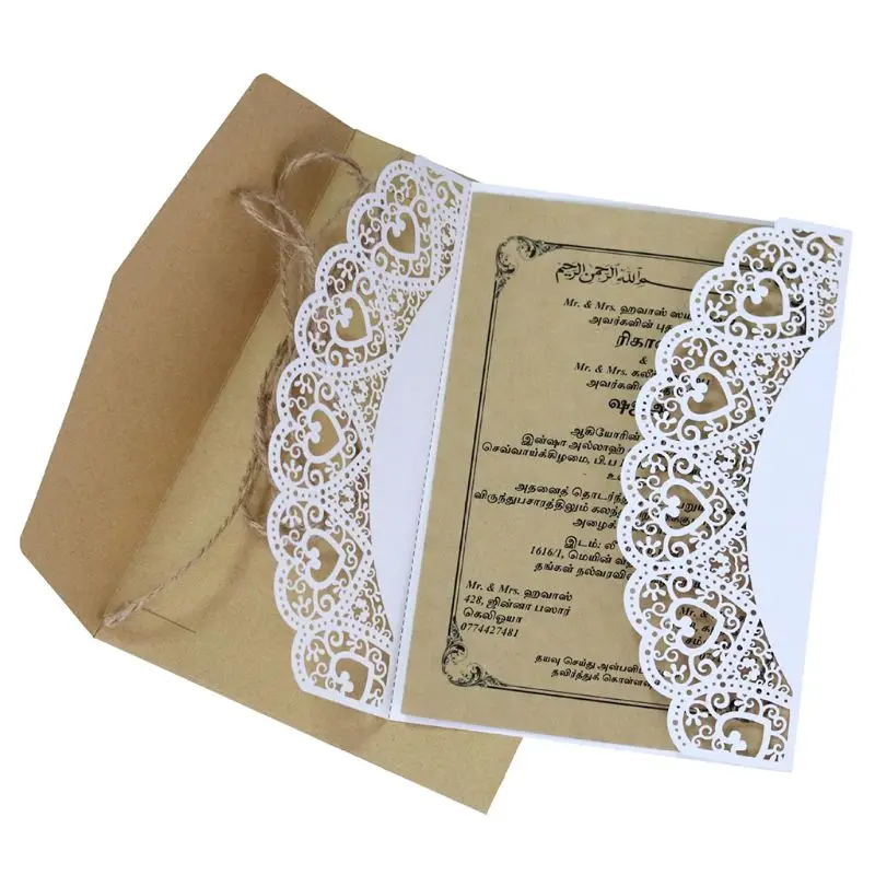  10pcs/set Rustic Laser Cut Wedding invitations Cards Lace Burlap Tie Invite Envelopes Kit For Engag - 33046898487