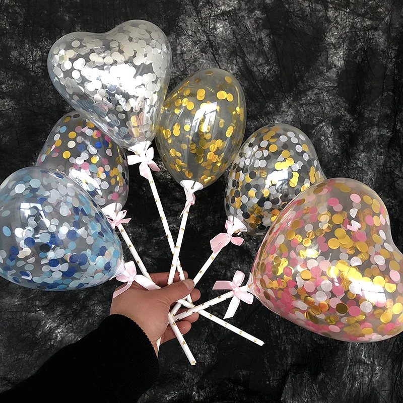 

Heart Shape Confetti Balloon Cake Topper Decoration with Straw Ribbon Table Baby Shower Birthday Wedding Party Balloon Topper