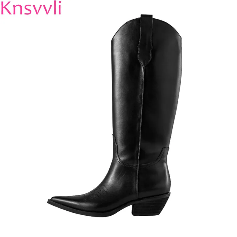 

New genuine leather pointy Toe Knee high boots women Square Kitten heels female Winter long boots black Cowboy Knight boots