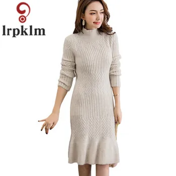 

Large Autumn Winter Women's Sweater Knit Bag Hip Fishtail Dress high elasticity Bottoming Sweater Twist Half-High Collar Sweate