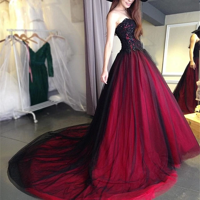 Sexy Gothic Trouwjurk Zwart En Rood Sweetheart Kralen Lace Up Lange Zwart Bordeaux Bruidsjurken Bruidsjurk AliExpress