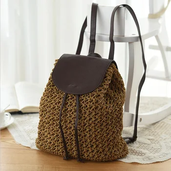

New Women's Backpack Crochet Paper Rope Braided Drawstring Women's Straw Backpack Summer Travel Outing Ladies Woven Backpack