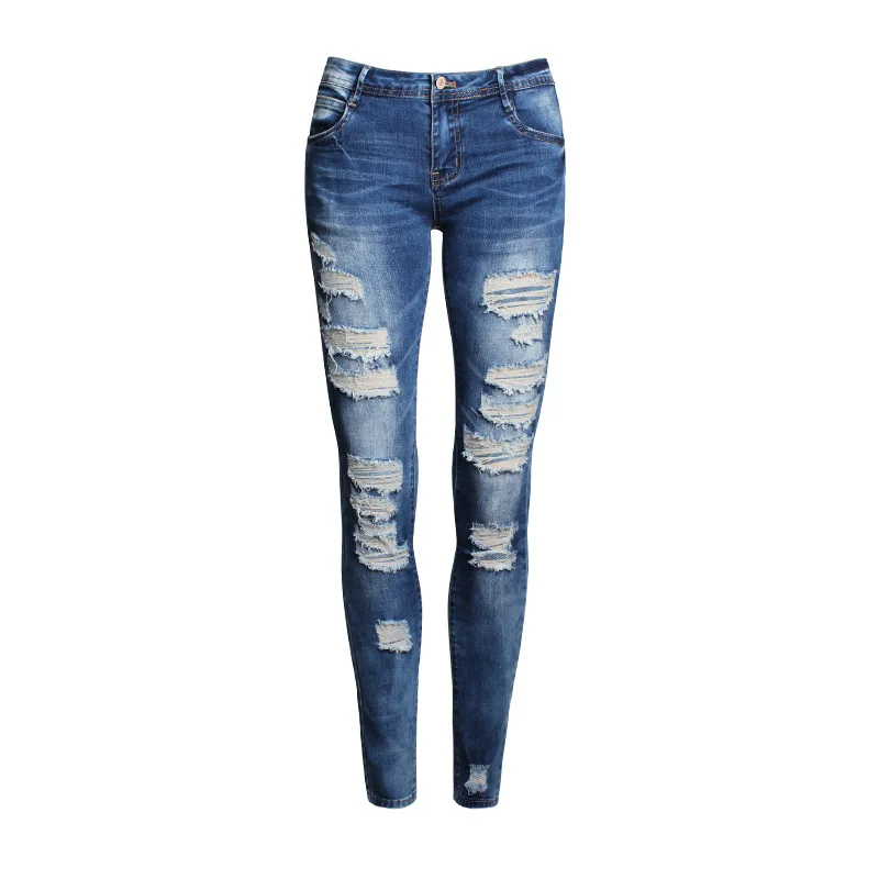 Для женщин знаменитости Стиль моды синий низкий Rise Skinny Distressed из эластичного