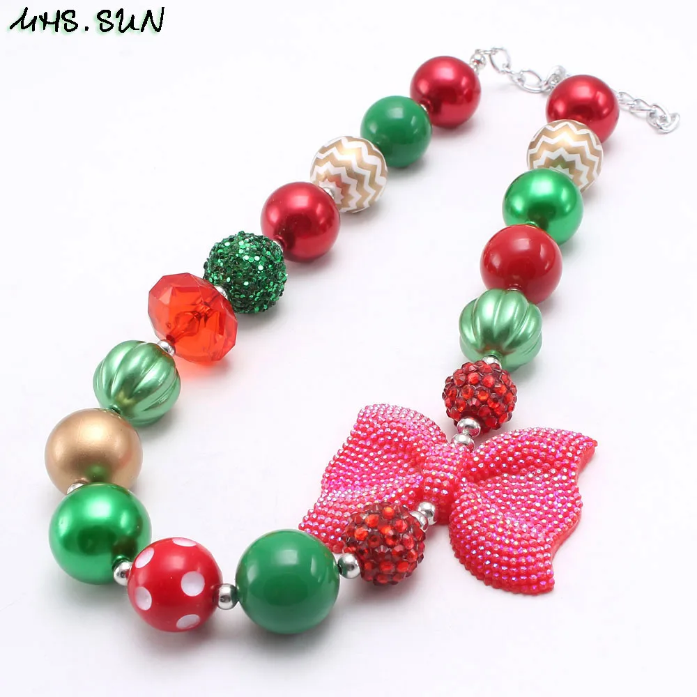 

MHS.SUN Christmas Style Chunky Beads Necklace Cute Red Bowknot Jewelry For Girls Kids Child Gift Bubblegun Beads Necklace 1Pcs