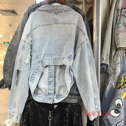 Корейская версия, модная короткая джинсовая куртка, Женская весенне-осенняя Свободная джинсовая куртка с длинным рукавом необычной длины