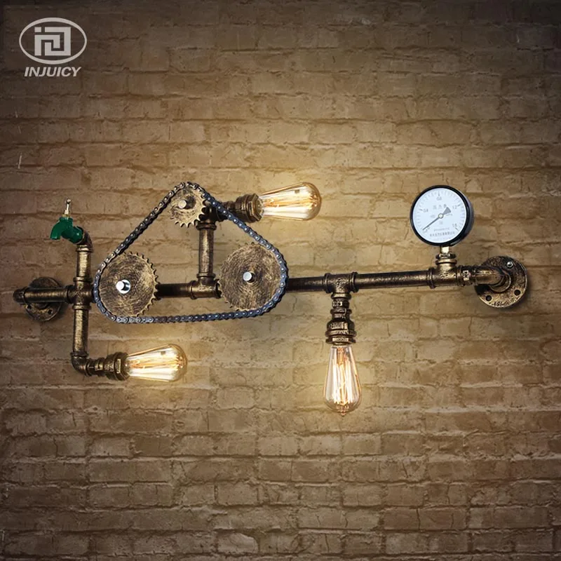 

Loft Retro Industrial Iron Rust Art Water Pipe Edison's Bulbs Wall Light American Vintage Gears Bar Coffee Shop Aisle Wall Lamp