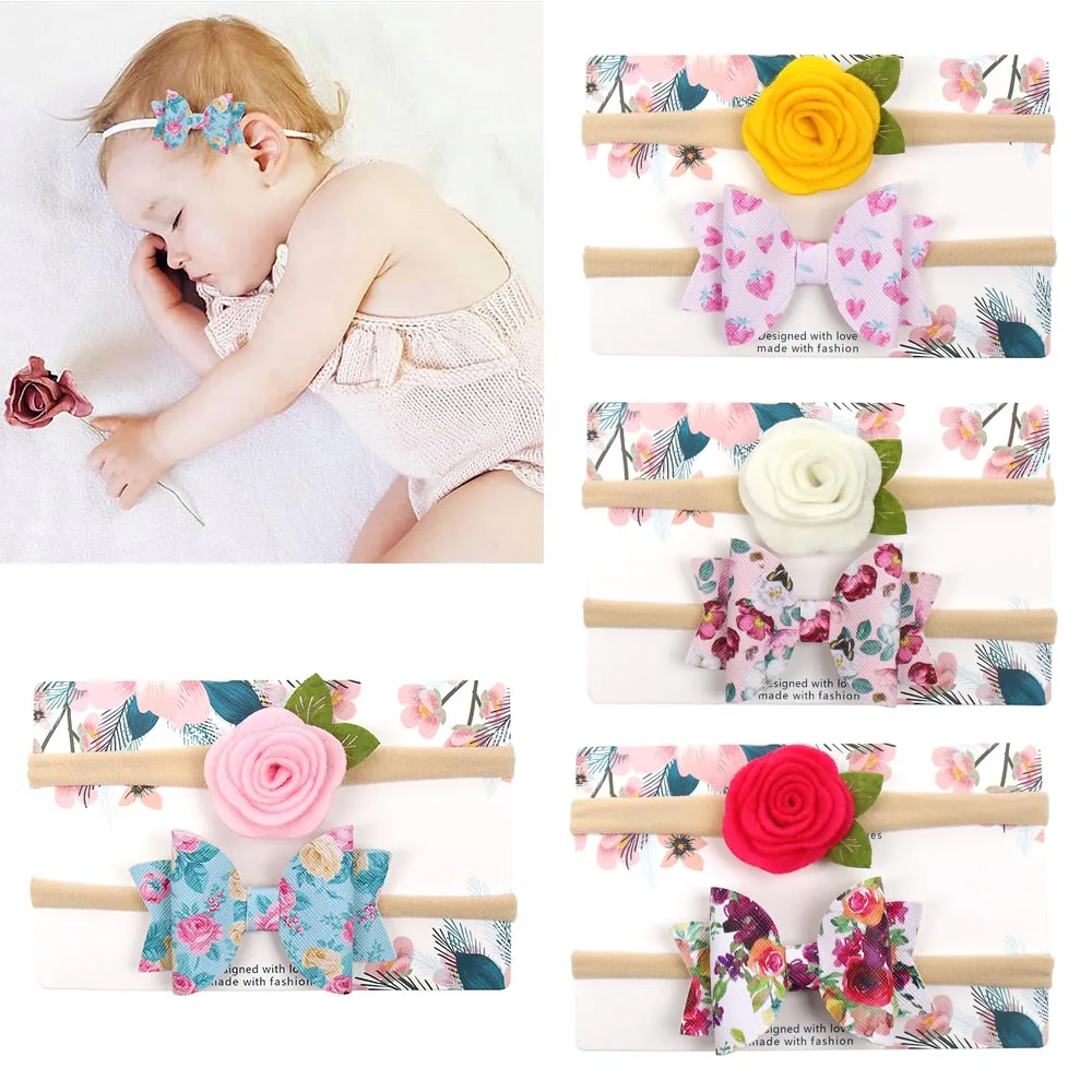 

2Pcs/Set Baby Flower Headband with Printed Leather Hairbows Nylon Hair Bands for Girls Children Stretch Hair Accessories
