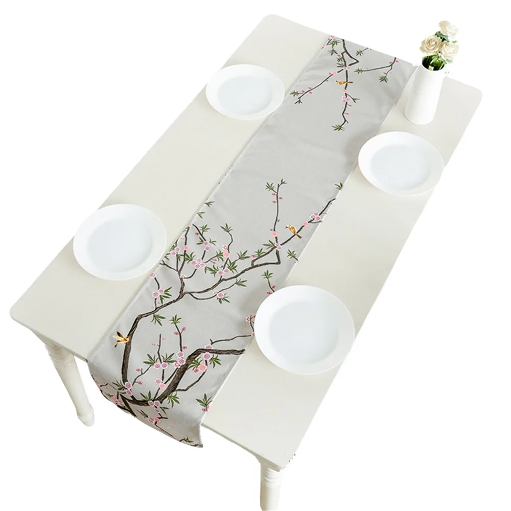 

XIAOKENAI Table Runner Cotton Linen Creative Table Flag TV Cabinet Coffee Table Deco Tablecloth Chinese Flower Bird Painting