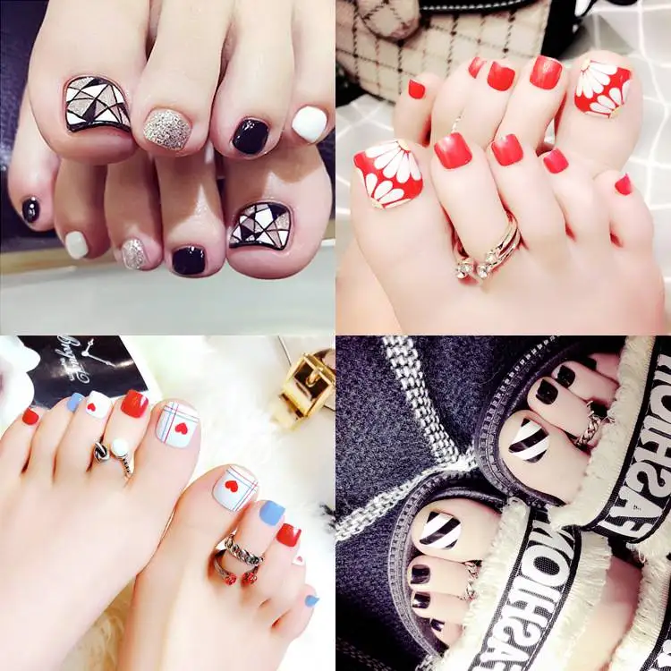 

summer women new Manicure 24 Piece Fake toe Nails grid plaid flower geometric Toenails Armor