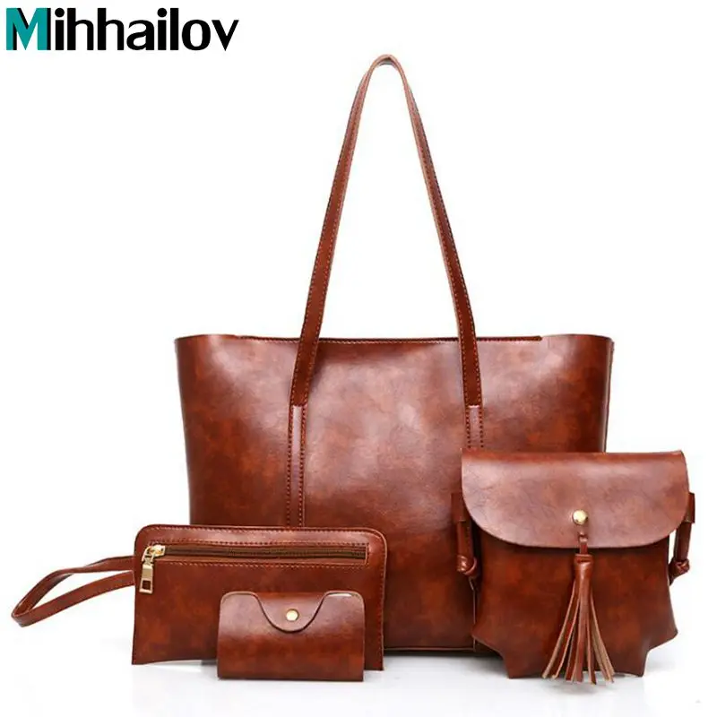 

4 sets women handbag large tote bag tassel shoulder bag with soft artificial leather female cross body bag small purse XS-252