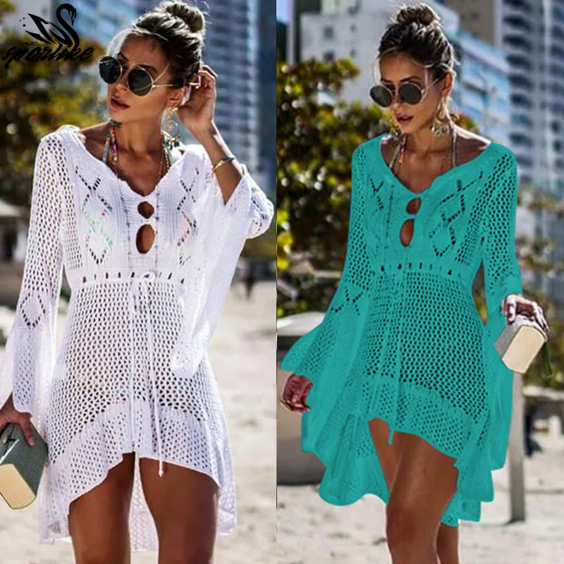 

Women Crochet Beach Dress White Bathing Suit Cover Up Beach Swimwear Summer Tunic Pareos Knitting Solid Woman Costumes Cover M35