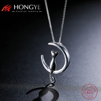 

HONGYE Top Quality 925 Sterling Silver Jewelry Cute Tiny Pet Cat Moon Necklace & Pendant Girls Friend Fine Jewelry
