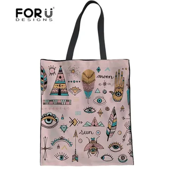 

FORUDESIGNS Women Handbags Boho Vibes Cartoon Printing Canvas Shoulder Bags for Girls Large Tote Bags Travel Bolsa Feminina 2018