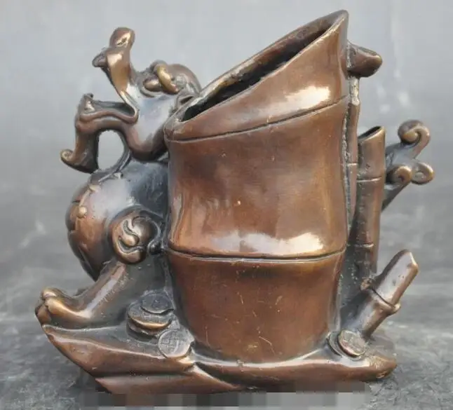 

S6456 6"Chinese Bronze Pi Xiu Beast Unicorn Bamboo Wealth statue Brush Pot pencil vase D0317
