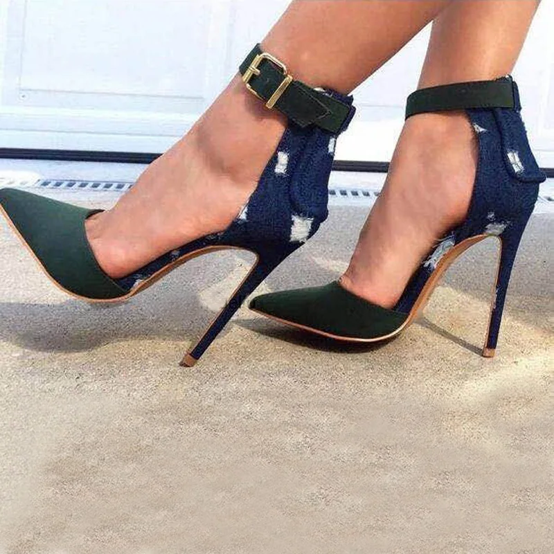 Sexy Women Army Green Frazzle Denim Cloth Patched Sandals Ankle Strap Pointed toe Female 