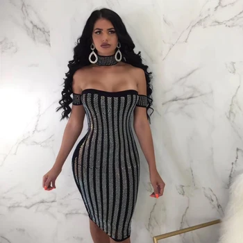 

New Fashion Chic Bandage Dress Women Party Bodycon Dress Choker Design Sparkly Beading Casual Outfit Birthday Vestidos Wholesale