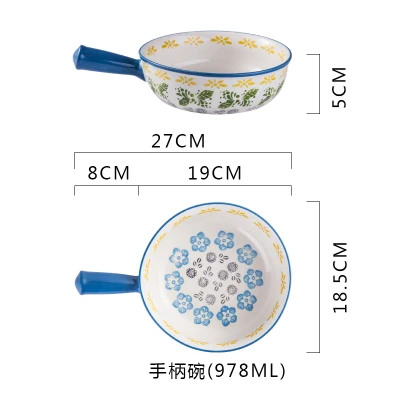 Синяя прямоугольная креативная ручная роспись керамическая посуда для выпечки круглая Шу фу лей миска для жареного сыра креативная запеченная тарелка для риса - Цвет: Handle bowl
