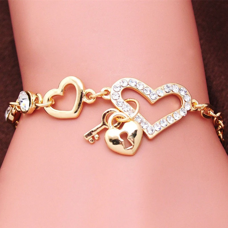 

Romantic CZ Crystal Heart Bracelets Gold Color Lock & Key Charms Bracelets for Women Love Cuff Bracelet Bangles Jewelry Gift