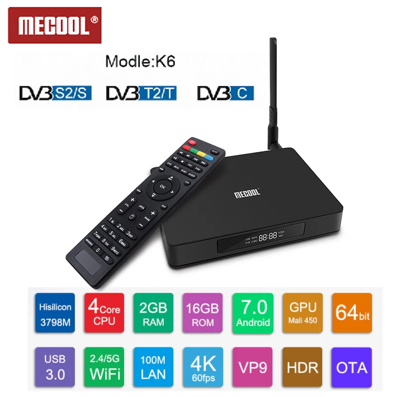 

Original MECOOL K6 DVB S2-T2-C Smart TV Box HiSilicon HI3798M 2GB RAM 16GB ROM Android 7.0 Set Top Box Support 4K 2.4G/5G WiFi