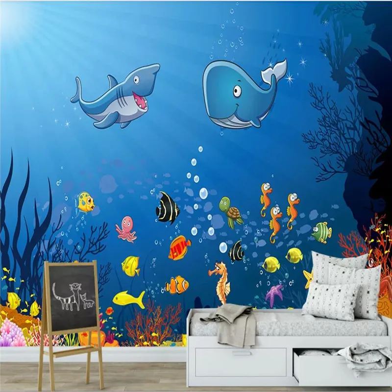 Custom wallpaper hand-painted underwater world children's room background wall decoration waterproof material Custom wallpaper hand-painted underwater world children's room background wall decoration waterproof material