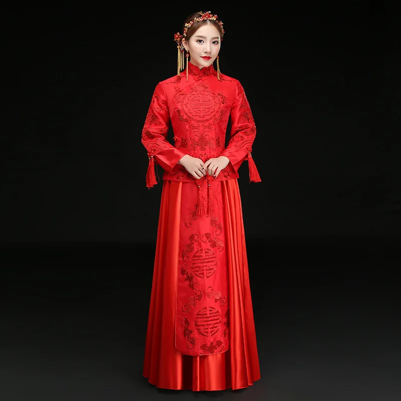 2019 платье невесты вышивка Феникс Cheongsam красный китайский традиционный свадебное платье Для женщин qipao длинное платье в стиле ретро платье