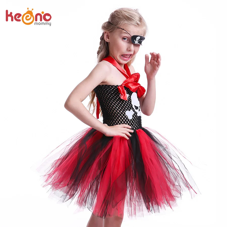 

Skull Pattern Girls Pirate Tutu Dress with Mask Kids Halloween Cosplay Party Costume Black Red Handmade Children Dress