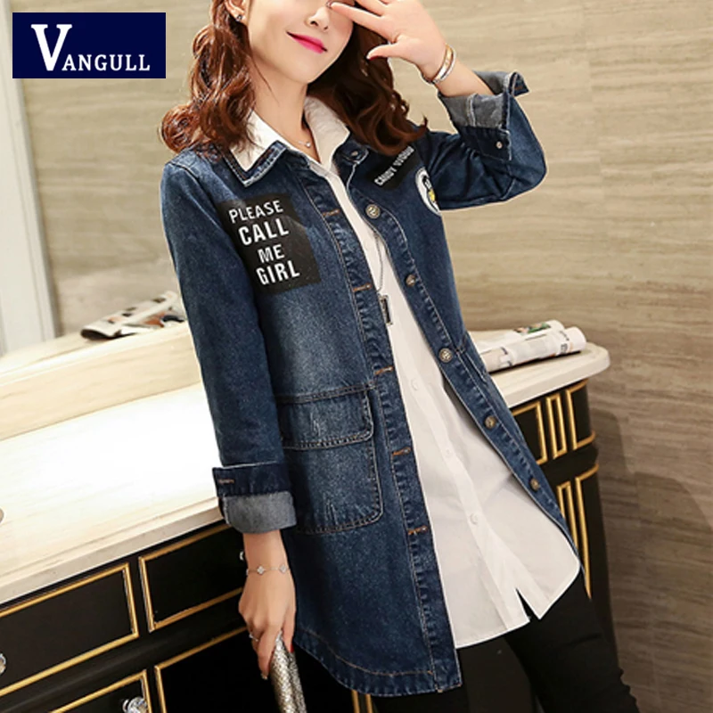 Vangull Women Denim Jackets Autumn New Casual Long Sleeve Female Letter Print Jean Coat Single Breasted Plus Size Loose Tops