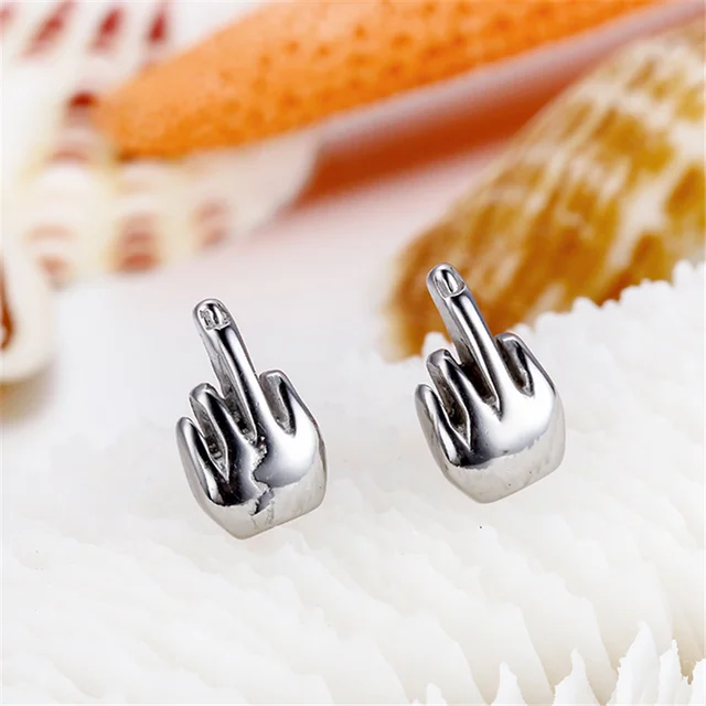 Online Fashion Stainless Steel Erect Middle Finger Ear Stud Fashion Stainless Steel Erect Middle Finger Ear Stud Earrings For Women Men Hypoallergenic Punk Cool