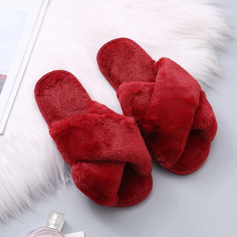 Winter Autumn Solid Home Slippers Peep Toe Warm Indoor Slipper Woman Household Faux Fur Ladies Shoe Wool Footwear Sheepskin 7630