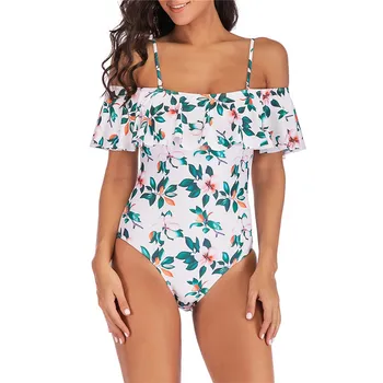 

One-piece with large flounce printed straps off shoulder backless Push up Padded Bra halter bearwear Swimwear Set 40mr27