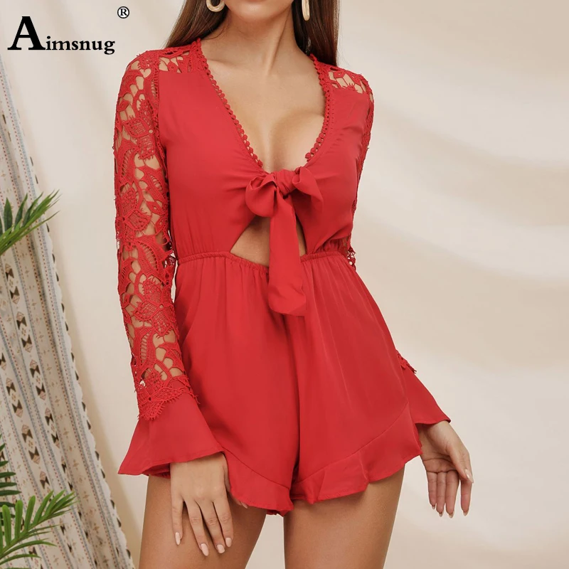 

Aimsnug V Neck Lace Playsuit Women Sexy Jumpsuit Autumn Summer Hollow out Black Short Bow Flare Casual Romper Overalls