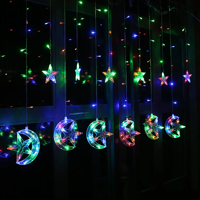 Луна Звезда сосулька светодиодная световая завеса Фея Праздничная гирлянда Рождество Свадебные вечерние Рамадан украшения дома