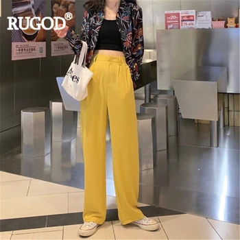 

RUGOD Women pants chiffon loose long pants solid hight waist straight pants 2019 new arrival elegant fashion female plus size