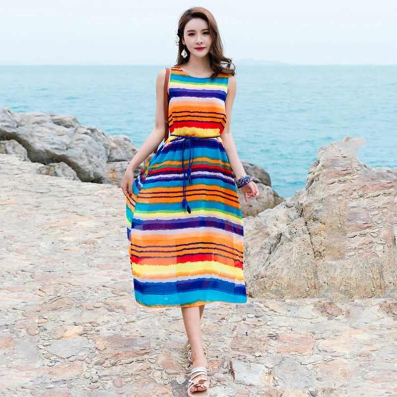 Women Summer Dress 2020 New Fashion Large size Womens Printing Rainbow color Sleeveless Loose Ladies KO54 | Женская одежда