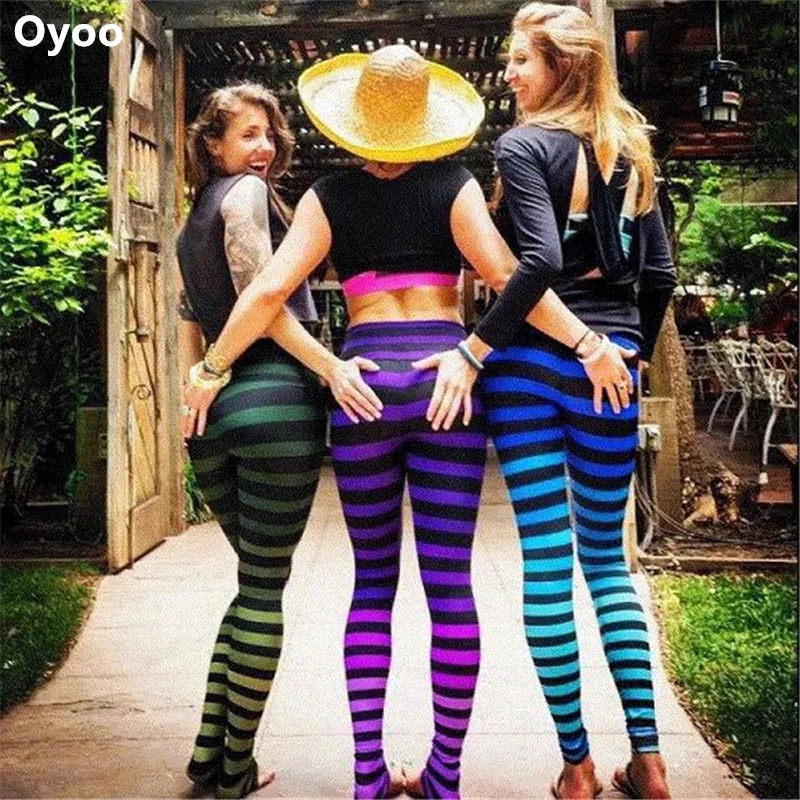 

Oyoo Women's Colorful Stripes Leggings Ombre High Waist Yoga Pants Colorful Gym Fitness Tights Super Soft Thick Workout Trousers