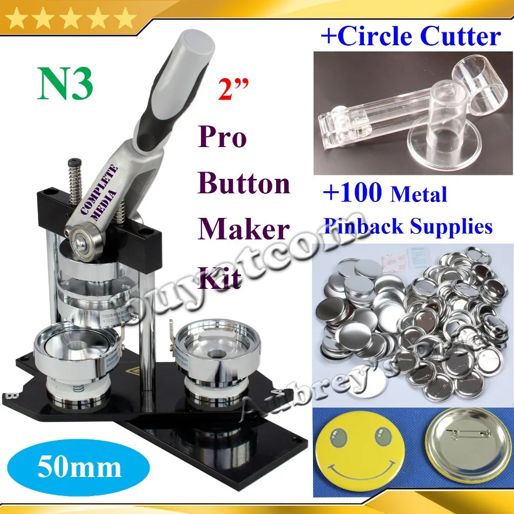 

NEW Pro N3 2":50mm Badge Button Maker Machine + Adjustable Circle Cutter+100 Set Metal Pinback Button Supplies