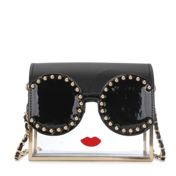 

Fashion Transparency Acrylic Box Shape Red Lips Rivet Design Metal Crossbody Messenger Bag Women Handbags Chain Purse Flap Bolsa