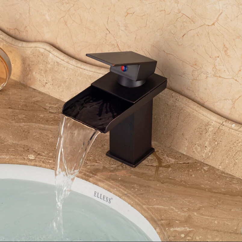 

Oil Rubbed Bronze Waterfall Widespread Countertop Faucet Hot and Cold Water Mixer Taps