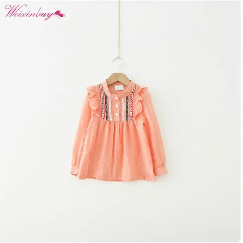 

WEIXINBUY New Kids Baby Girls Embroidered Long Sleeve Shirts Ruffle Tops Shirts 1-6Y Autumn Winter Spring