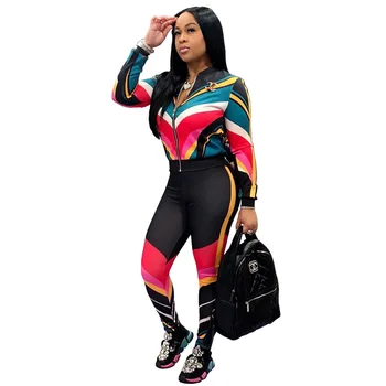 

New Fashion 2 Piece Set Women Color Striped Printed Women Set Plus Size Coat And Skinny Pants Streetwear S M L XL XXL XXXL