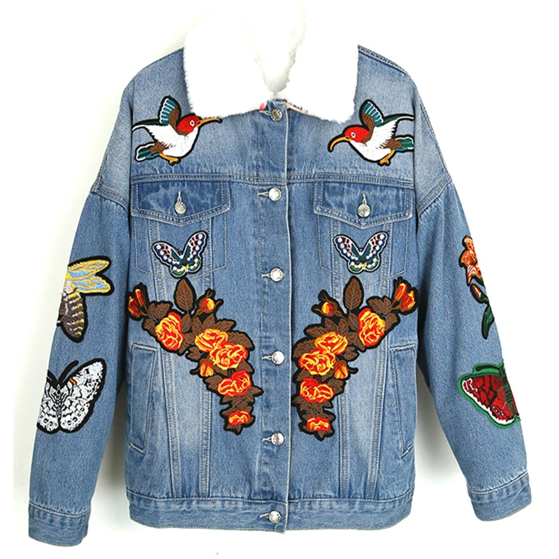 

Tiger Floral Butterfly Embroidered Fleece Denim Jacket Winter New Fashion Basic Coats streetwear Jackets For Women 2018 chaqueta