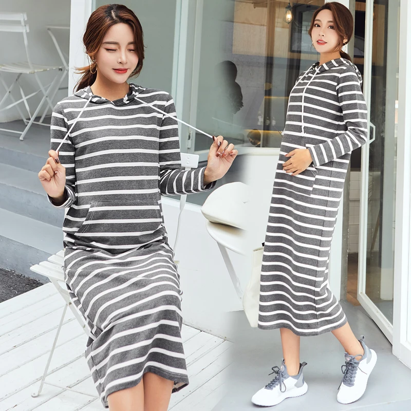 

Maternity Plus Midi Long Dress for Pregnant Women Korean Fashion Stripes Hoodies Dresses Pregnancy Casual Clothes Autumn Winter