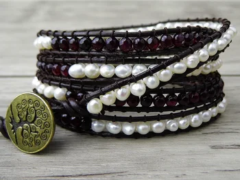 

Boho 5 Wrap Bracelet Leather wrap bracelet Garnet beads and fresh water pearl bracelet natural stone Jewelry friendship gift