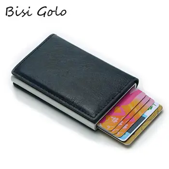 

BISI GORO 2020 Wallet Card Holder Hasp RFID Wallet Aluminum Unisex Metal High Quality Mini Crazy Horse PU Leather Card Wallet